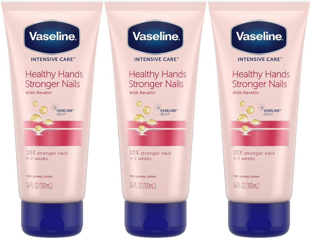 Vaseline Intensive Care Healthy Hands Stronger Nails lotion — pack of 3 bottles for deep hand hydration.