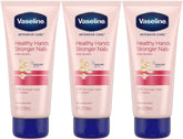 Vaseline Intensive Care Healthy Hands Stronger Nails lotion — pack of 3 bottles for deep hand hydration.