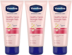 Vaseline Intensive Care Healthy Hands Stronger Nails lotion — pack of 3 bottles for deep hand hydration.