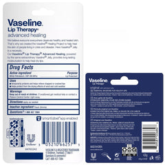 Close-up of Vaseline Lip Therapy Advanced Healing balm texture smoothing dry lips.