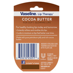 Vaseline Lip Therapy Cocoa Butter jar close-up shows smooth lip nourishment.