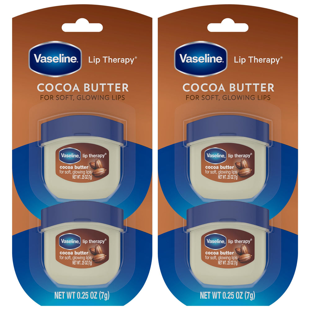 Vaseline Lip Therapy Cocoa Butter pack of four mini jars offers on-the-go hydration.