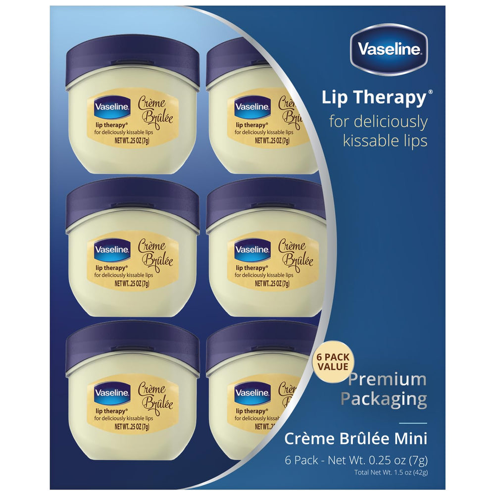 Vaseline Lip Therapy Creme Brulee jar closeup for instant lip hydration