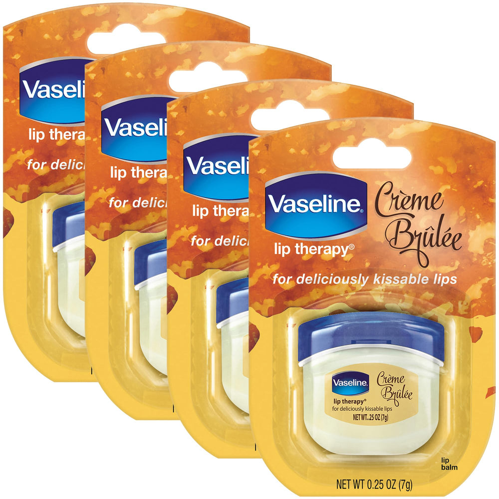 Vaseline Lip Therapy Creme Brulee Mini 4-Pack packaging for travel-ready moisture