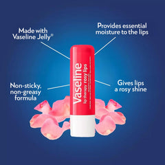 Closeup of Vaseline Lip Therapy Rosy Lips shows soft, moisturized lips.