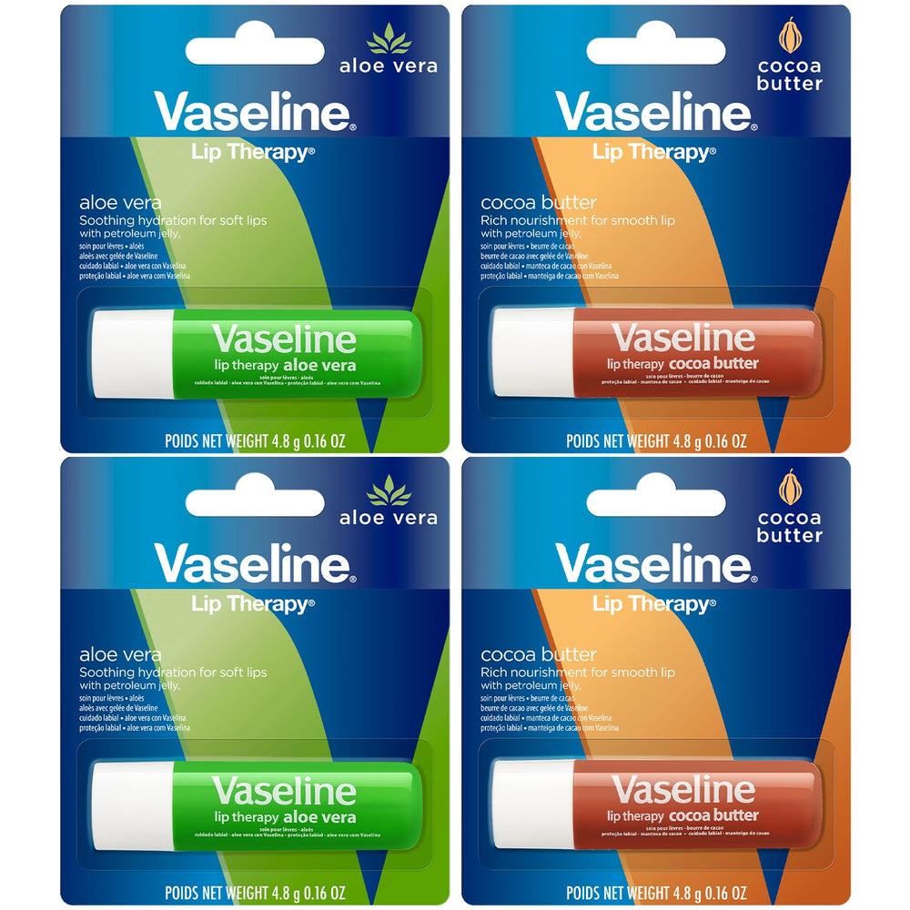 Vaseline Lip Therapy 4-pack Cocoa Butter image highlighting a cocoa-scented balm for lasting moisture