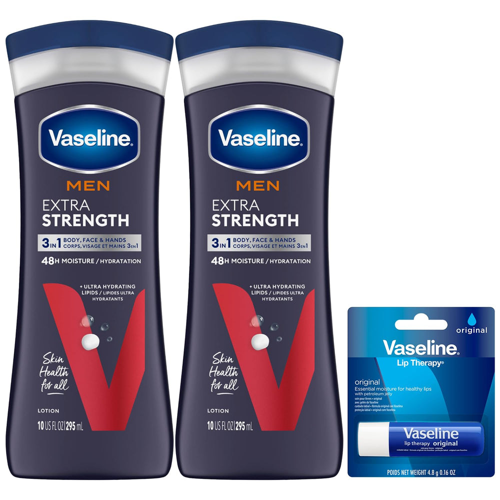 Vaseline Men Extra Strength 3-in-1 Lotion bottle offers all-in-one skin hydration.