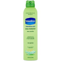 Vaseline Spray & Go Moisturizer Aloe Fresh 3-pack bottle for quick, non-greasy hydration.