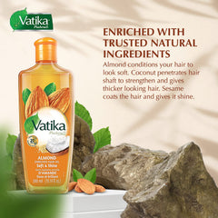 Vatika Naturals Dabur hair oil root-to-tip shine close-up.