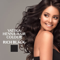 Vatika Naturals Rich Black packaging shows a convenient three-pack sachet set.