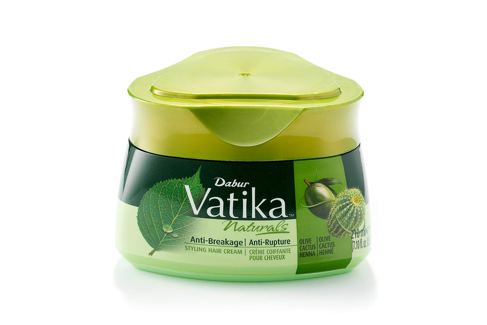 Vatika Naturals Styling Cream bottle shows 210ml packaging for frizz-free hydration