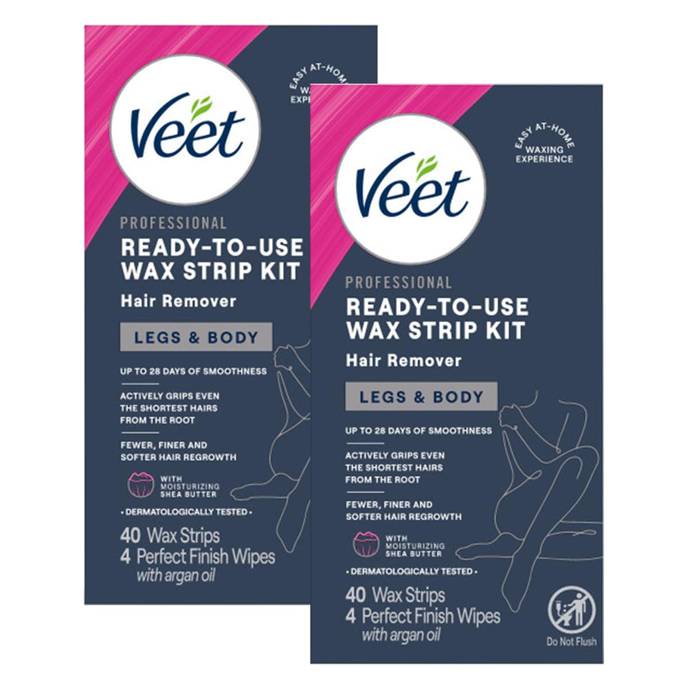 Veet Ready-to-Use Wax Strip Kit legs closeup shows salon-like results at home.