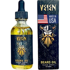 Veien beard oil bottle showcasing premium all-natural care and growth support.
