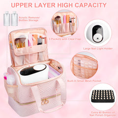 Veirdro nail polish organizer bag bottom compartments highlight double-layer design for easy sorting.