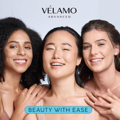 VELAMO ADVANCED close-up label shows caffeine and hyaluronic hydration.