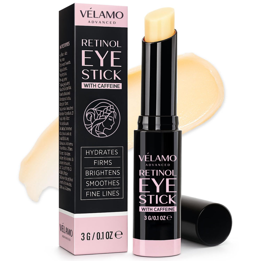 Velamo Advanced retinol eye stick packaging demonstrates portable design for on-the-go brightening.