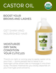 Velona castor oil bottle being poured for easy, controlled application in beauty routines.
