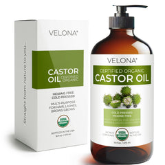 Velona castor oil in glass bottle highlights purity and premium packaging for healthier hair moisture.