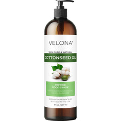 Velona Cotton Seed Oil bottle 8oz on countertop for versatile skin and cooking use