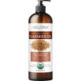 Velona flaxseed oil bottle pour—pure carrier oil for skin nourishment.