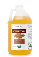 Velona flaxseed oil bottle shows pure cold-pressed carrier oil for skin and hair care