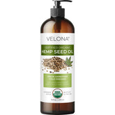 Velona Hemp Seed Oil bottle pour demonstrates versatile carrier oil for skin and hair care