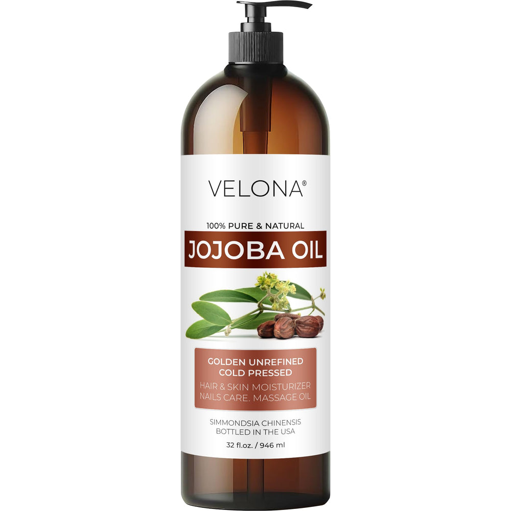 Velona Jojoba Oil 32oz bottle with pump for easy skin hydration.