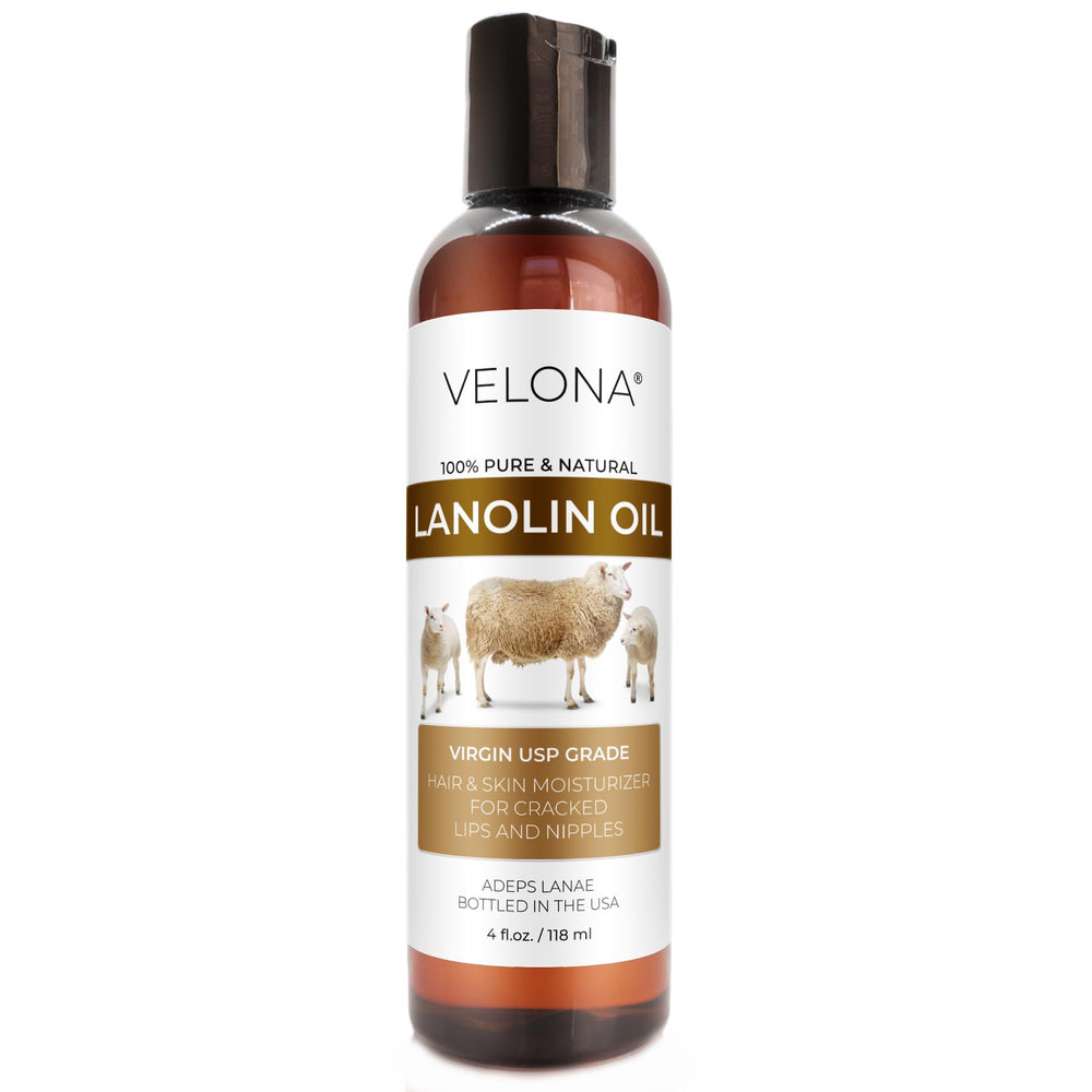 Velona Lanolin Oil bottle pour highlights skin hydration potential.