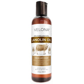 Velona Lanolin Oil bottle pour highlights skin hydration potential.