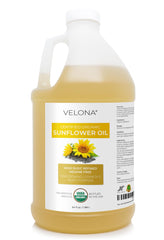 Velona sunflower oil bottle shows pure, high-oleic carrier oil for cooking and care.