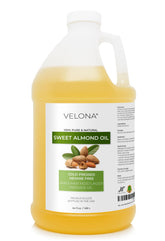 Velona Sweet Almond Oil bottle 64oz demonstrates skin and hair hydration.