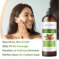 Velona Sweet Almond Oil on hair indicates softness and reduced frizz potential.