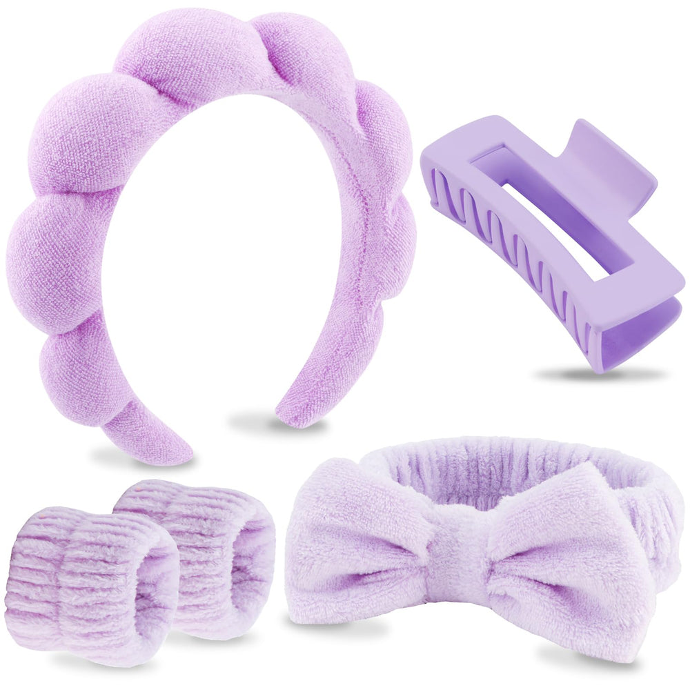 VELSCRUN purple plush spa headband, soft and absorbent for comfortable face washing.