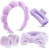 VELSCRUN purple plush spa headband, soft and absorbent for comfortable face washing.