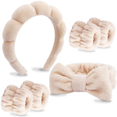 VELSCRUN spa headband with bow top keeps hair away during cleansing.