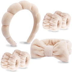 VELSCRUN spa headband with bow top keeps hair away during cleansing.