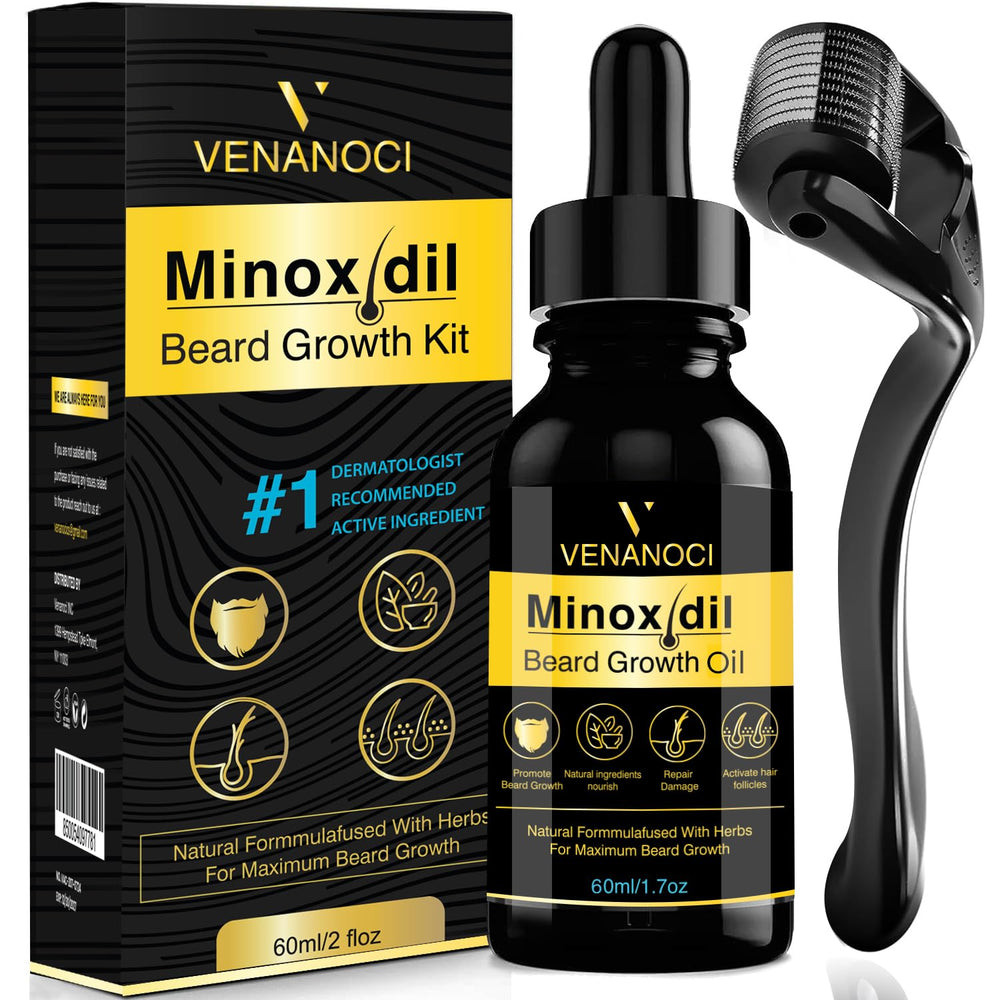 Venanoci 5% Minoxidil beard kit bottle promotes fuller beard.