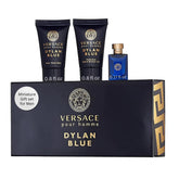Versace Dylan Blue miniature set packaging for travel-ready grooming.