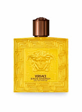 Versace Eros Energy bottle close-up with Medusa emblem, ideal for confident date nights