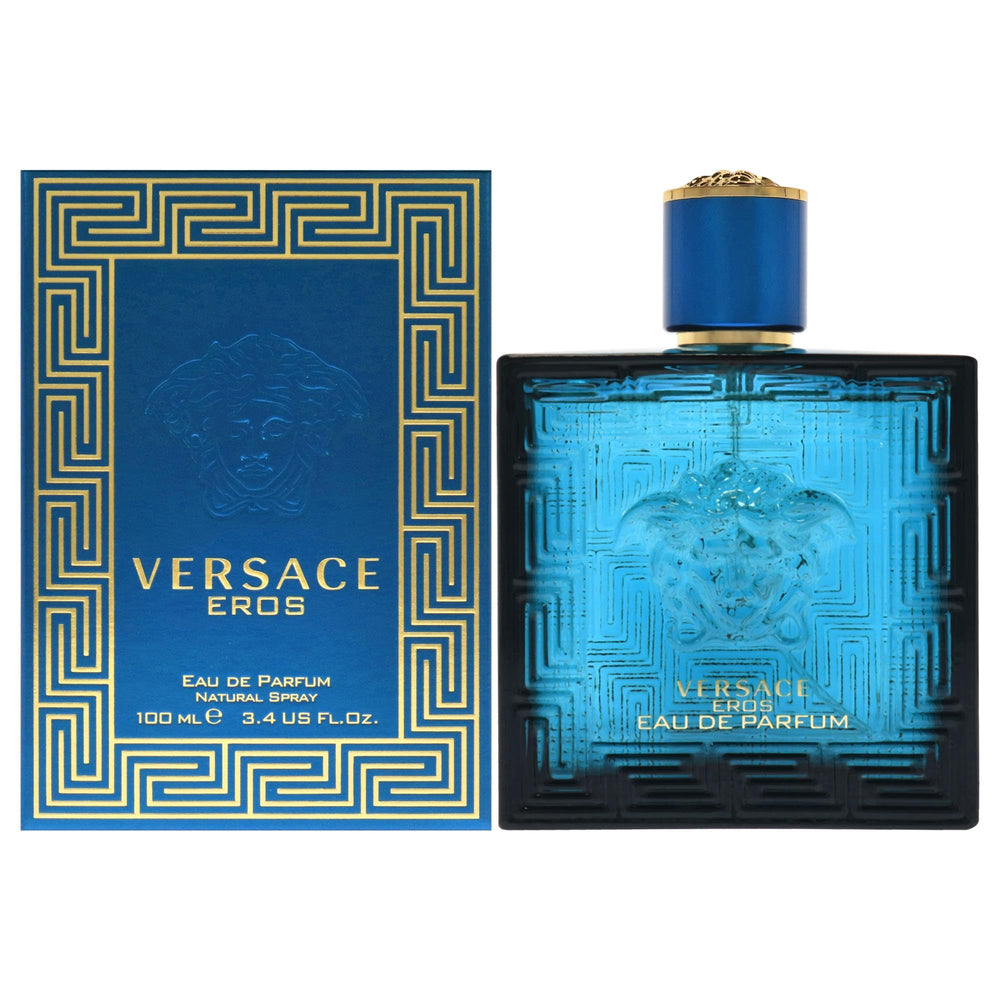 Versace Eros for Men bottle front view showing bold masculine design and presence