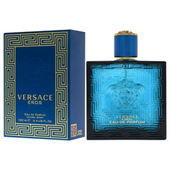Versace Eros for Men hero shot showing luxury fragrance on a display