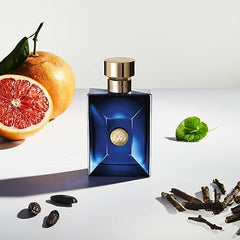 Versace Pour Homme Dylan Blue bottle front view emphasizing sleek packaging for gift-ready elegance.