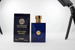 Versace Pour Homme Dylan Blue EDT bottle cap close-up highlighting fresh citrus and woody notes for daily wear