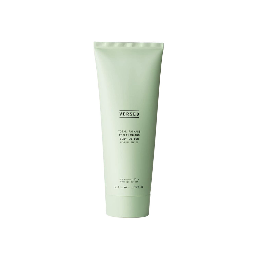 Versed Total Package replenishing body lotion bottle delivering lightweight hydration with mineral SPF