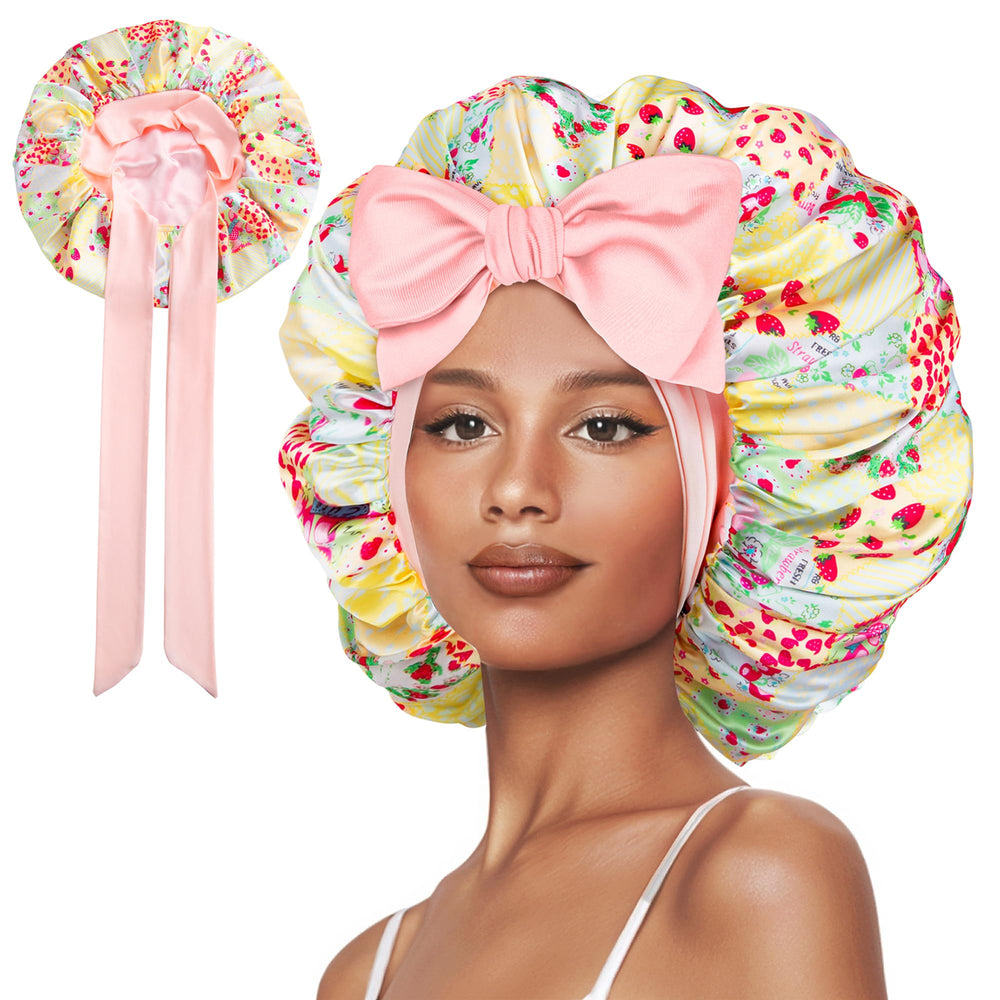 Vettres hair bonnet satin lining close-up; strawberry patchwork protects moisture overnight