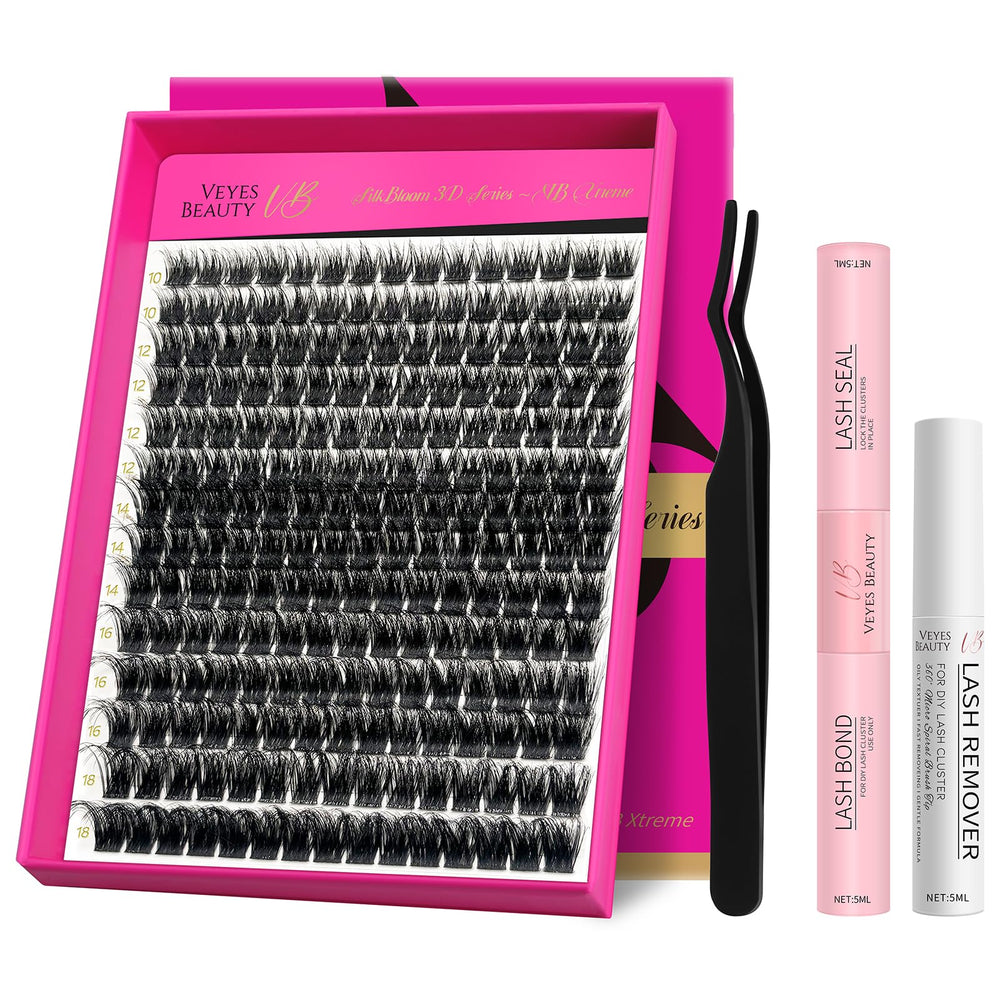 VEYESBEAUTY lash clusters kit extreme 3D layers closeup for fluffy, lightweight volume.