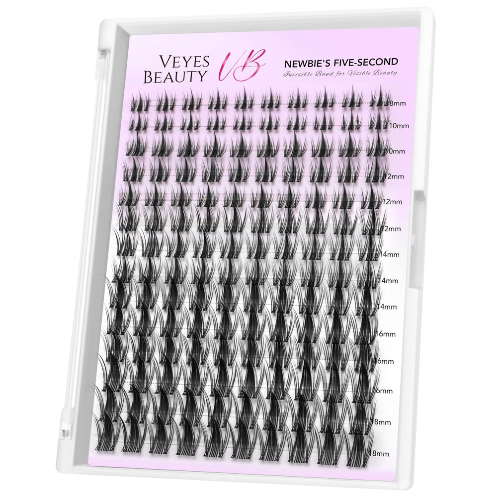 VEYESBEAUTY lash clusters tray shows mixed-length wispy lashes for customizable natural looks.