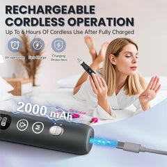 VFD nail drill features a 2000mAh rechargeable battery for longer sessions.