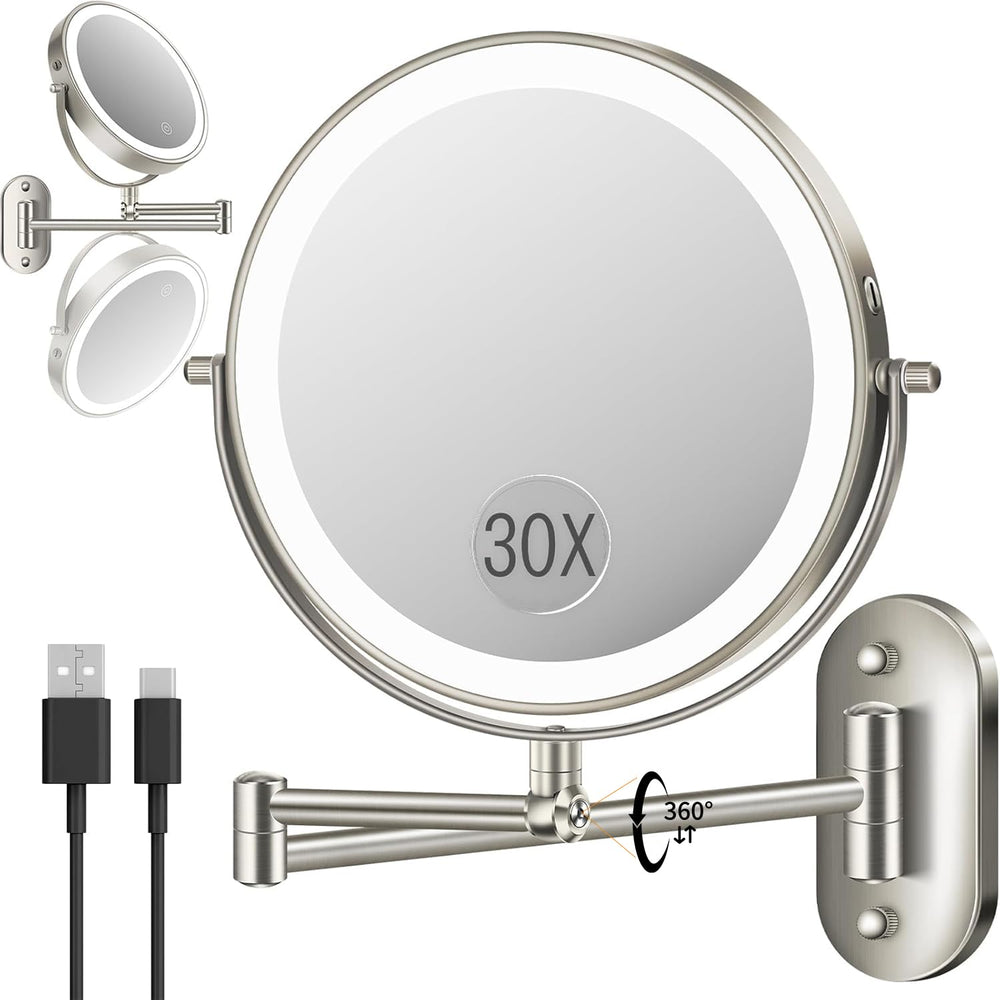 VFD wall-mounted makeup mirror with 30X/1X magnification for precise grooming.