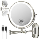 VFD wall-mounted makeup mirror with 30X/1X magnification for precise grooming.